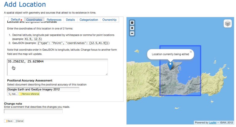 Coordinates tab on the add location form Coordinates tab on the add location form