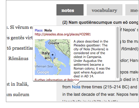 A Pleiades link, enhanced with a mouseover pop-up provided by the Ancient World Linked Data JavaScript library, on a page of the Dickinson College Commentaries website.